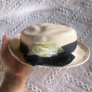 Vintage Straw Panama Hat with Flowers Union Made USA Cottagecore Garden